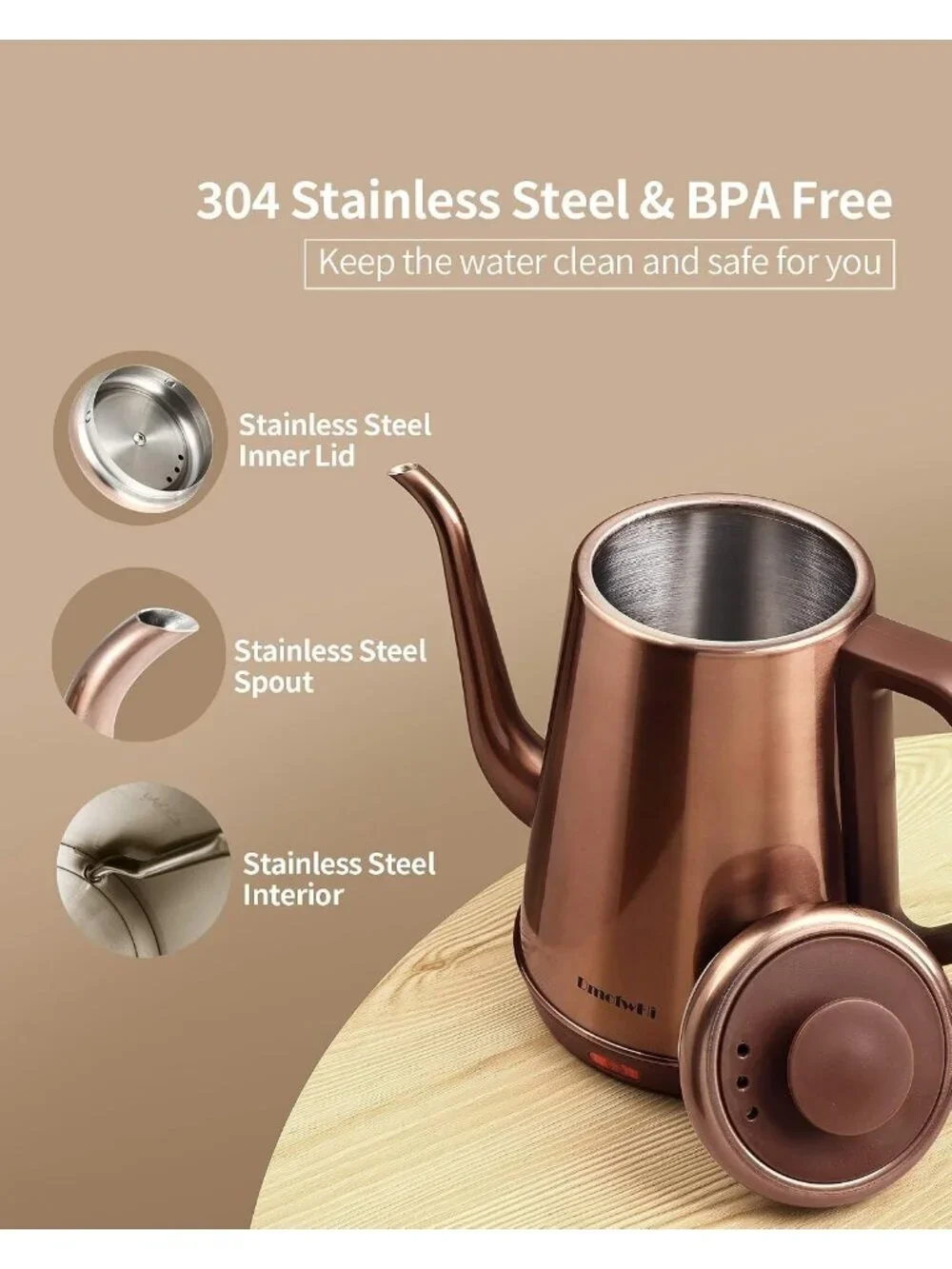 1.0L Copper Gooseneck Electric Kitchen Kettle Stainless Steel BPA Free Pour Over